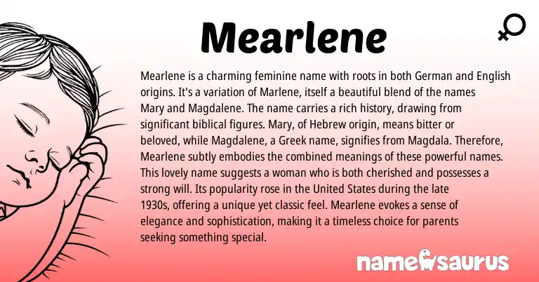 Infographic about Mearlene name meaning, Mearlene is a name from Hebrew, English, Greek origin(s).
