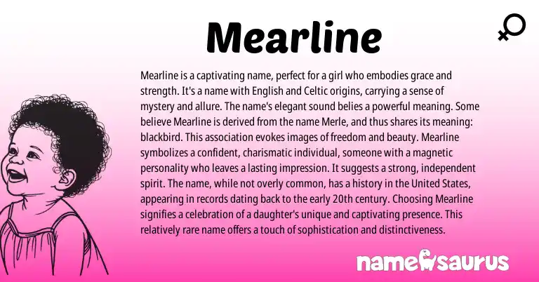 Infographic about Mearline name meaning, Mearline is a name from English, Celtic origin(s).