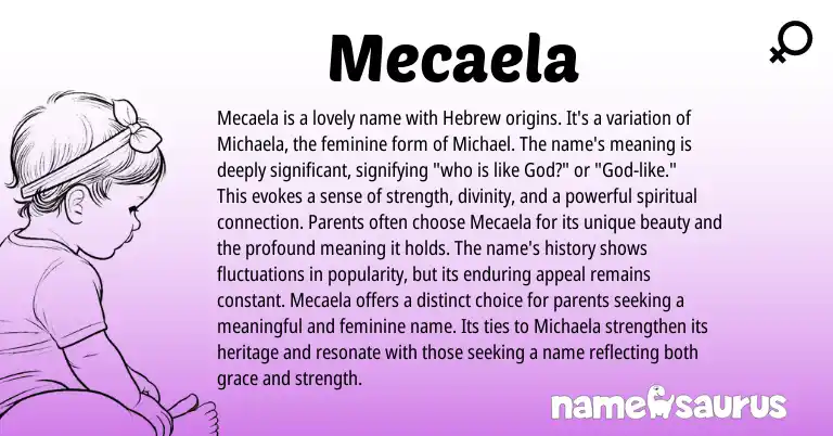 Infographic about Mecaela name meaning, Mecaela is a name from Hebrew origin(s).