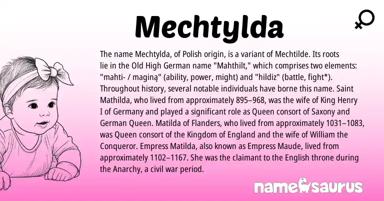 Infographic about Mechtylda name meaning, Mechtylda is a name from Polish, Old High German, English, England, German origin(s).