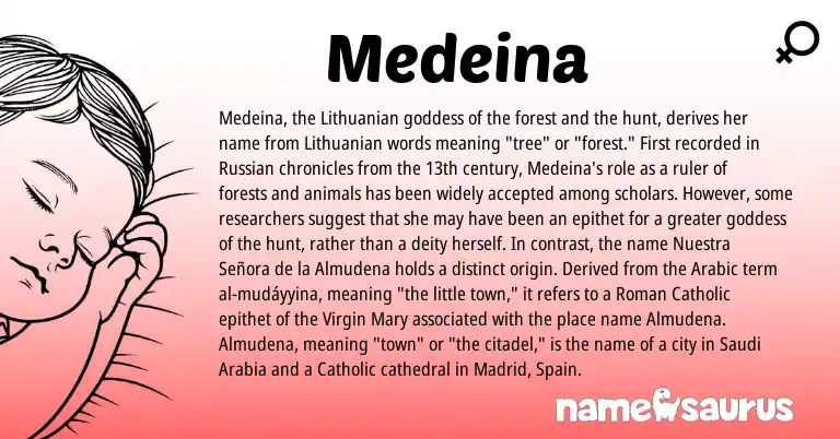 Infographic about Medeina name meaning, Medeina is a name from Lithuanian, Russian, Spain, Roman, Arabic origin(s).
