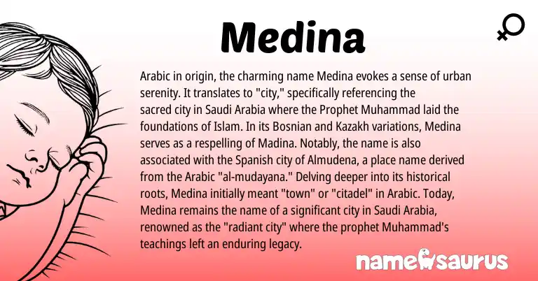 Infographic about Medina name meaning, Medina is a name from Bosnian, Arabic, Spanish, Kazakh origin(s).