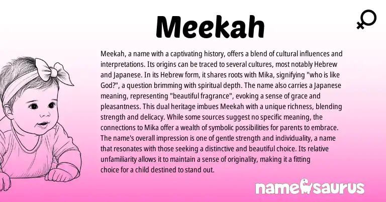 Infographic about Meekah name meaning, Meekah is a name from Japanese, Hebrew origin(s).