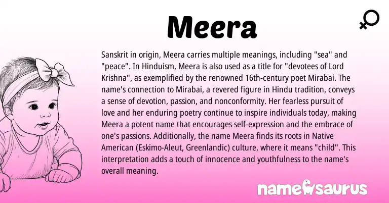 Infographic about Meera name meaning, Meera is a name from Greenlandic, Native American, Aleut, Hinduism, Sanskrit, Hindu origin(s).