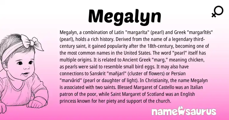 Infographic about Megalyn name meaning, Megalyn is a name from Ancient Greek, Christianity, United States, English, Latin, Persian, Greek, Sanskrit, Italian origin(s).