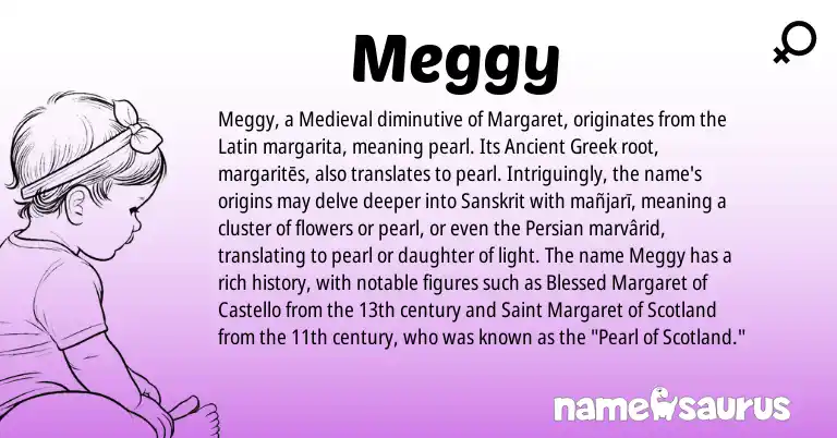 Infographic about Meggy name meaning, Meggy is a name from Persian, Ancient Greek, Latin, Sanskrit origin(s).