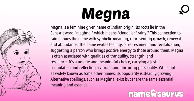 Infographic about Megna name meaning, Megna is a name from Indian, Sanskrit origin(s).