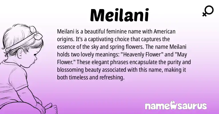 Infographic about Meilani name meaning, Meilani is a name from American origin(s).