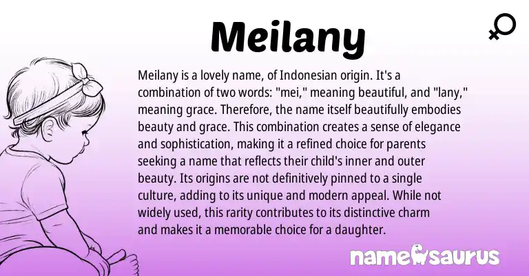 Infographic about Meilany name meaning, Meilany is a name from Indonesian origin(s).