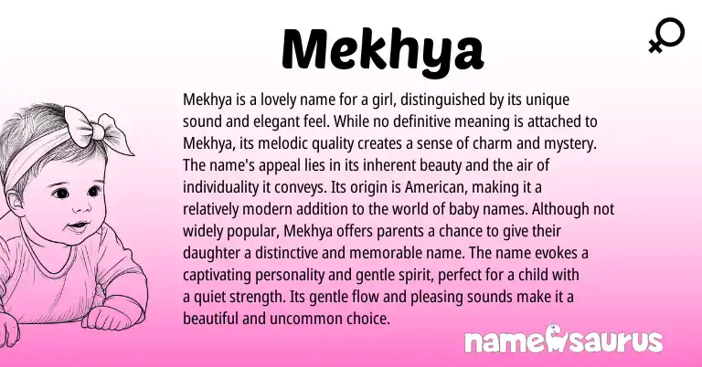 Infographic about Mekhya name meaning, Mekhya is a name from American origin(s).