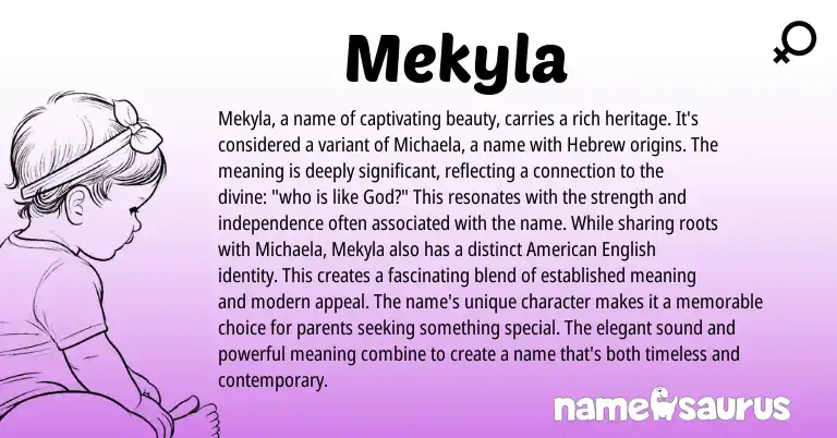 Infographic about Mekyla name meaning, Mekyla is a name from Hebrew origin(s).