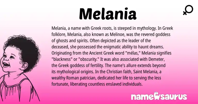 Infographic about Melania name meaning, Melania is a name from Ancient Greek, Roman, Greek origin(s).
