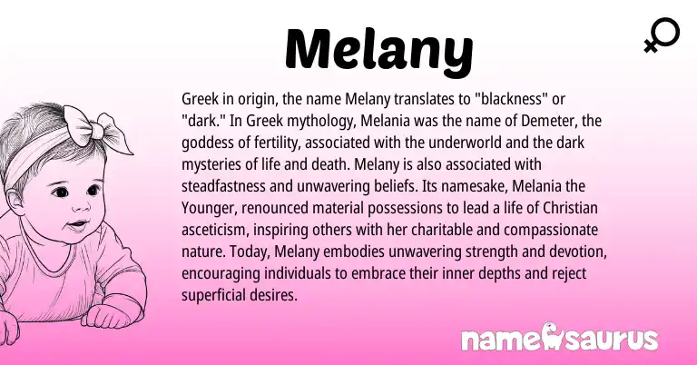 Infographic about Melany name meaning, Melany is a name from Greek origin(s).