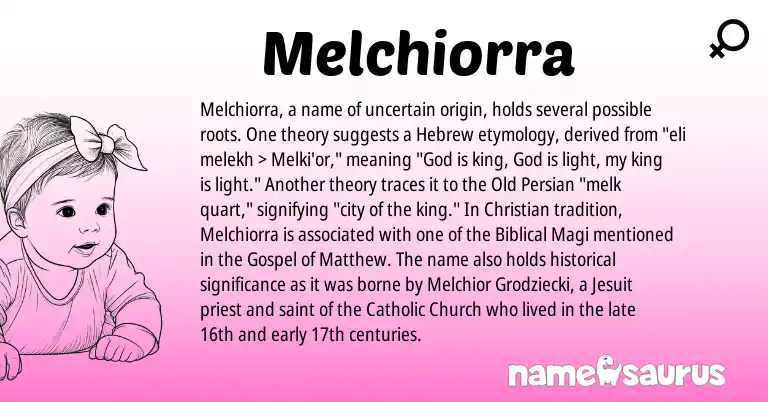Infographic about Melchiorra name meaning, Melchiorra is a name from Hebrew, Old Persian origin(s).