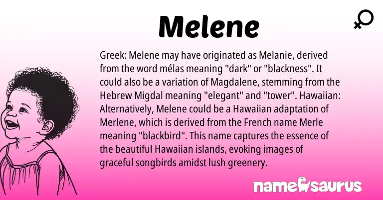 Infographic about Melene name meaning, Melene is a name from French, Hawaiian, Hebrew, Greek origin(s).