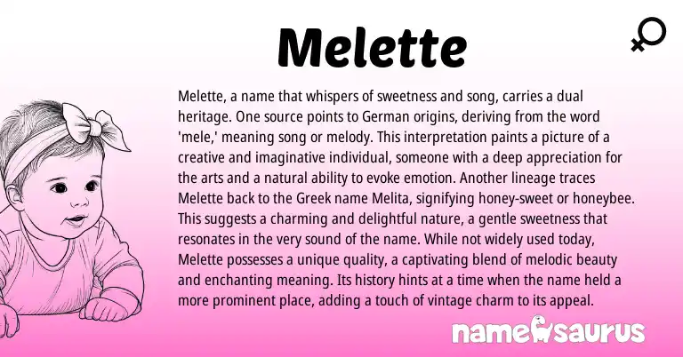 Infographic about Melette name meaning, Melette is a name from Germanic, French origin(s).