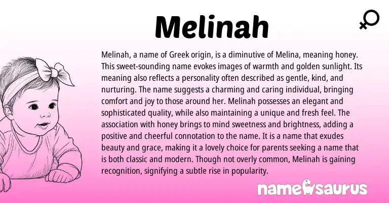 Infographic about Melinah name meaning, Melinah is a name from Greek origin(s).