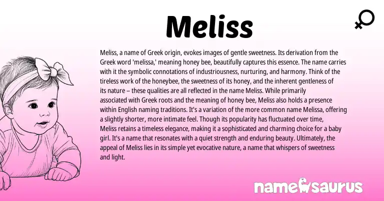 Infographic about Meliss name meaning, Meliss is a name from Greek origin(s).