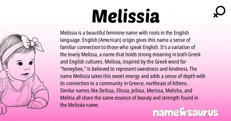 Infographic about Melissia name meaning, Melissia is a name from English (American) origin(s).