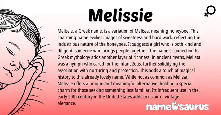 Infographic about Melissie name meaning, Melissie is a name from Greek origin(s).