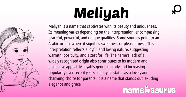 Infographic about Meliyah name meaning, Meliyah is a name from Hebrew, Arabic, American origin(s).