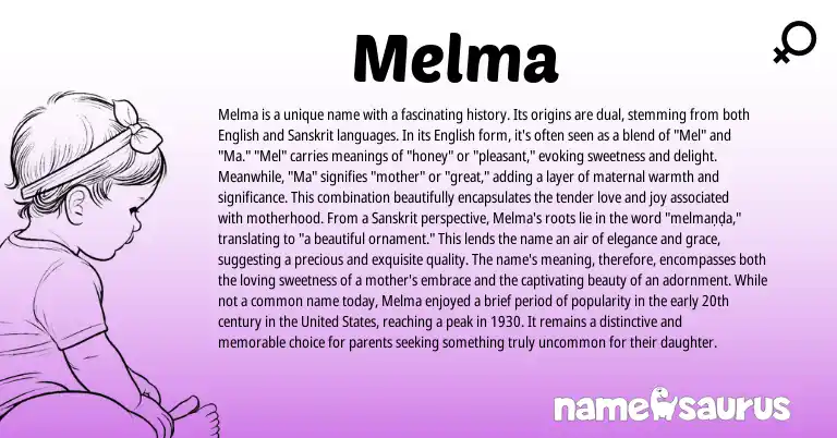Infographic about Melma name meaning, Melma is a name from English, Sanskrit origin(s).