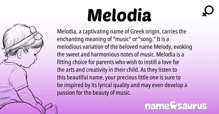 Infographic about Melodia name meaning, Melodia is a name from Greek origin(s).