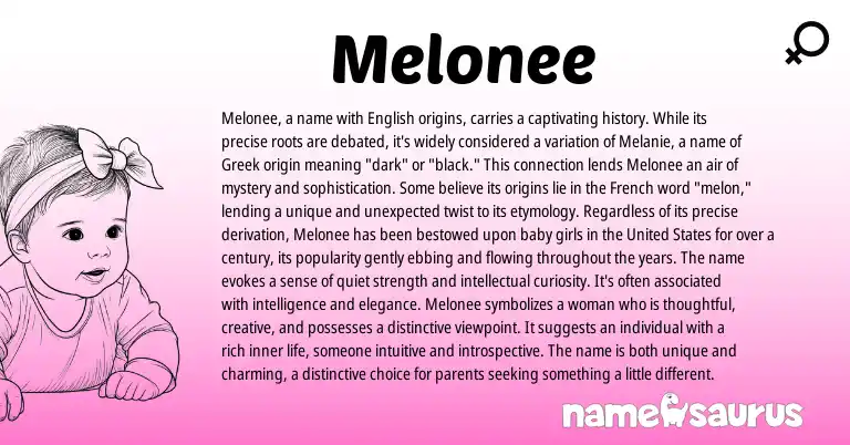 Infographic about Melonee name meaning, Melonee is a name from English, Greek origin(s).