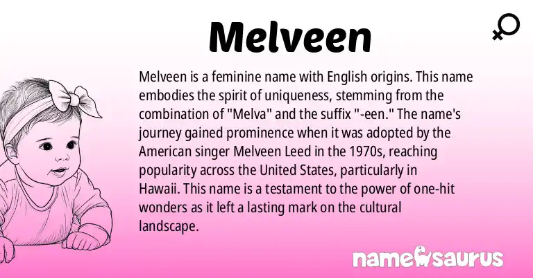 Infographic about Melveen name meaning, Melveen is a name from English origin(s).