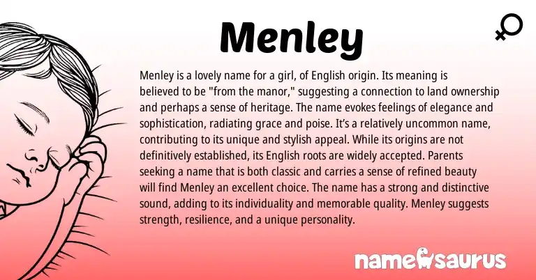 Infographic about Menley name meaning, Menley is a name from English origin(s).