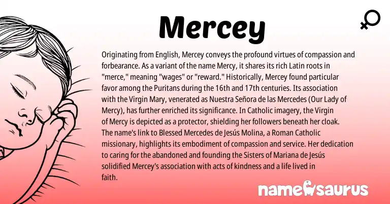 Infographic about Mercey name meaning, Mercey is a name from Roman, English, Latin origin(s).