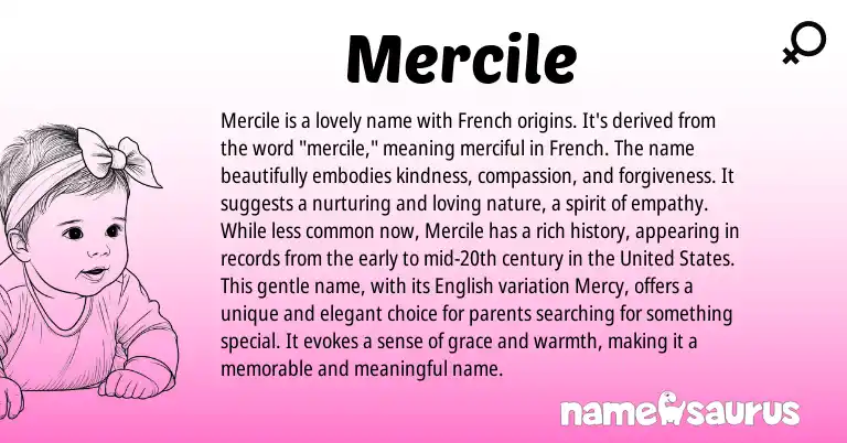 Infographic about Mercile name meaning, Mercile is a name from French, English origin(s).