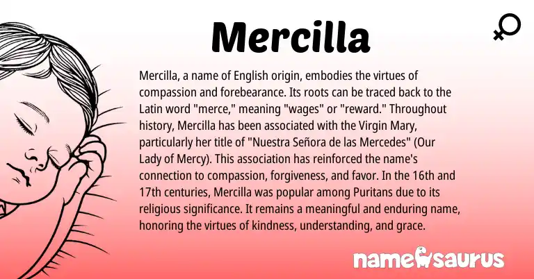 Infographic about Mercilla name meaning, Mercilla is a name from English, Latin origin(s).