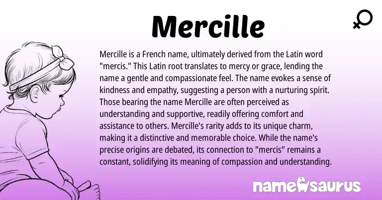Infographic about Mercille name meaning, Mercille is a name from Latin, French origin(s).