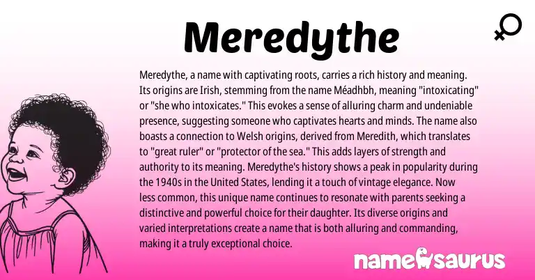 Infographic about Meredythe name meaning, Meredythe is a name from Irish origin(s).