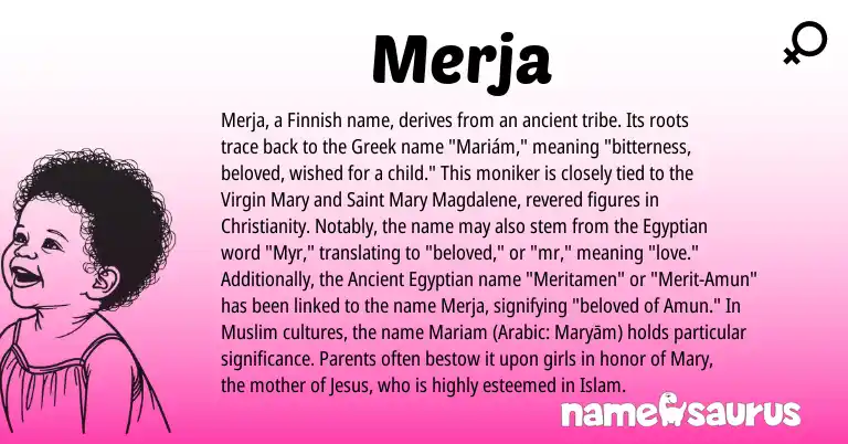 Infographic about Merja name meaning, Merja is a name from Finnish, Christianity, Ancient Egyptian, Arabic, Greek, Egyptian, Muslim origin(s).