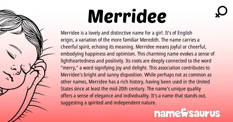 Infographic about Merridee name meaning, Merridee is a name from English origin(s).