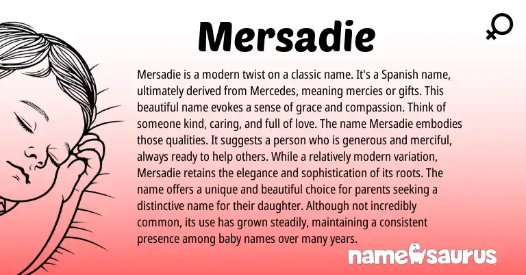 Infographic about Mersadie name meaning, Mersadie is a name from Spanish origin(s).