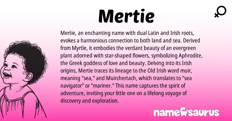 Infographic about Mertie name meaning, Mertie is a name from Irish, Latin, Old Irish, Greek origin(s).