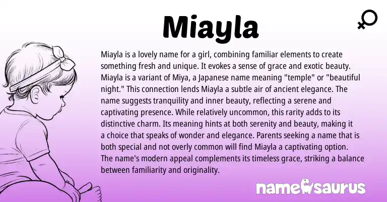 Infographic about Miayla name meaning, Miayla is a name from Japanese origin(s).