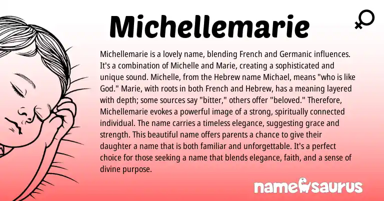 Infographic about Michellemarie name meaning, Michellemarie is a name from Germanic, French, Hebrew, American origin(s).