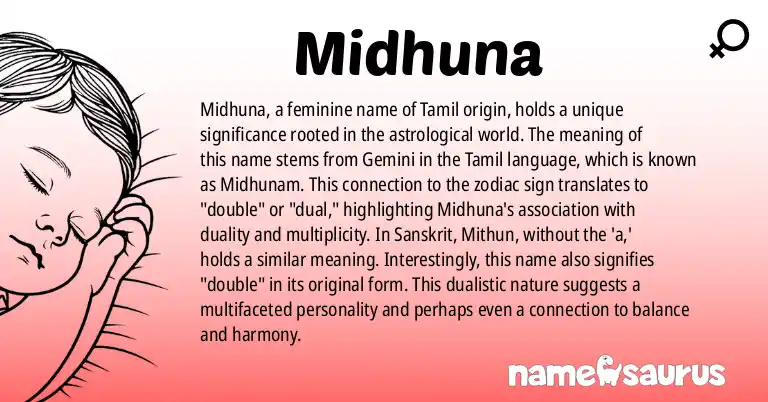 Infographic about Midhuna name meaning, Midhuna is a name from Tamil origin(s).