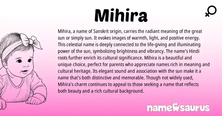 Infographic about Mihira name meaning, Mihira is a name from Indian, Sanskrit origin(s).