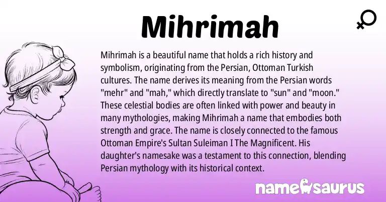 Infographic about Mihrimah name meaning, Mihrimah is a name from Persian, Persian Mythology, Ottoman Turkish, Turkish origin(s).