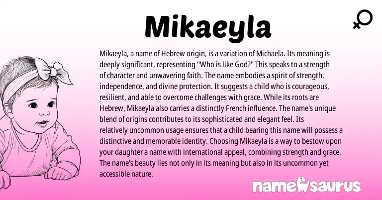 Infographic about Mikaeyla name meaning, Mikaeyla is a name from Hebrew origin(s).