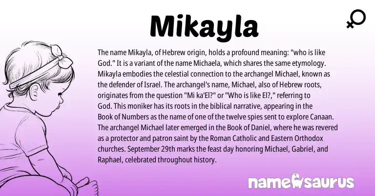 Infographic about Mikayla name meaning, Mikayla is a name from Roman, Hebrew origin(s).