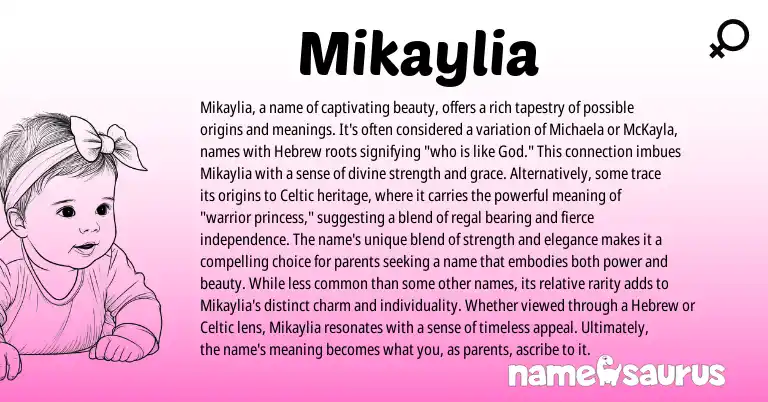 Infographic about Mikaylia name meaning, Mikaylia is a name from Hebrew, Celtic origin(s).