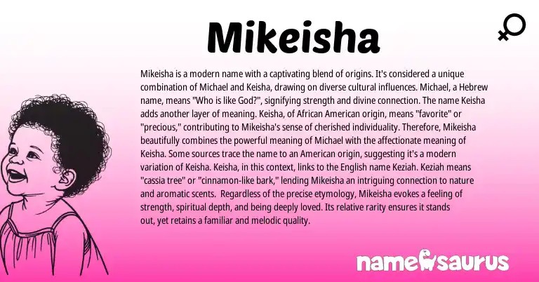 Infographic about Mikeisha name meaning, Mikeisha is a name from American, African, Hebrew origin(s).