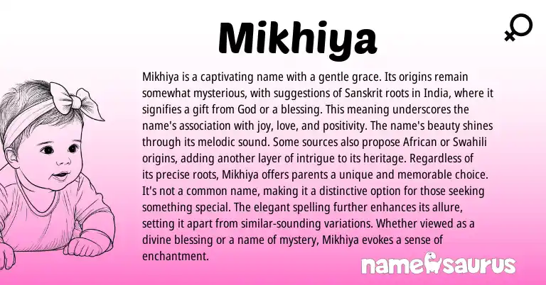 Infographic about Mikhiya name meaning, Mikhiya is a name from Sanskrit, Indian, Arabic origin(s).