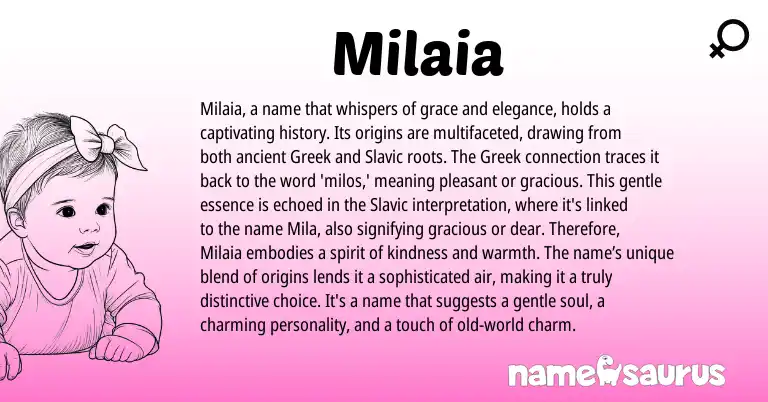 Infographic about Milaia name meaning, Milaia is a name from Greek origin(s).